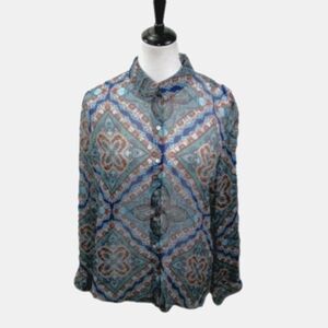 Unbranded Turquoise/Orange Paisley Semi-Sheer Button Front Blouse Size Large